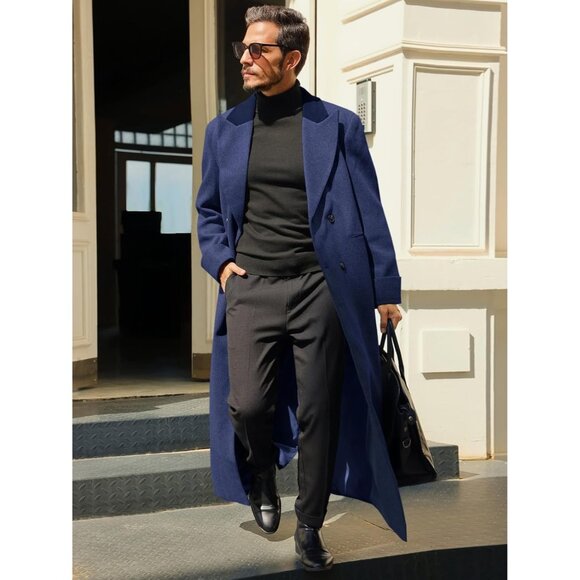 Mens Navy Blue   Full Length Trench Coat Double Breasted Classic Winter Overcoat - Picture 2 of 5